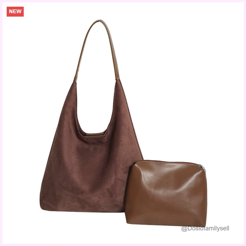 Faux Suede Tote Bag Slouchy Hobo Shoulder Work Bag Spacious Elegant